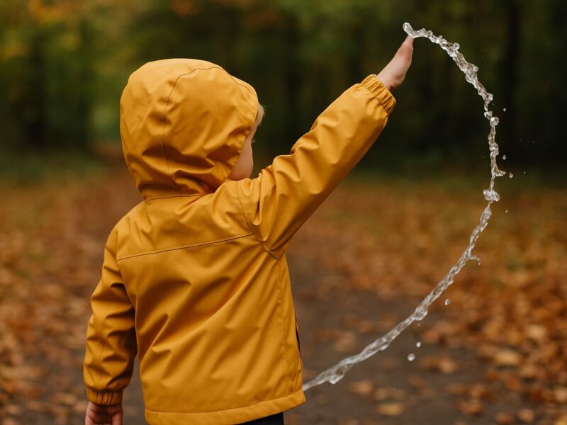 Svart barnjacka med vita och rosa detaljer på väderbeständig modell.